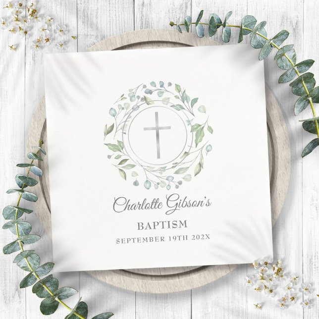 Serviette En Papier Baptême Christening Laurel Floral Silver Cross (Baptism Christening Laurel Floral Silver Cross Napkins)