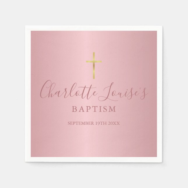 Serviette En Papier Baptême Christening Moderne Rose Gold Script Napki (Devant)