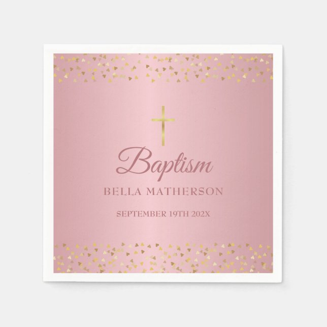 Serviette En Papier Baptême Christening Rose Gold Hearts (Devant)