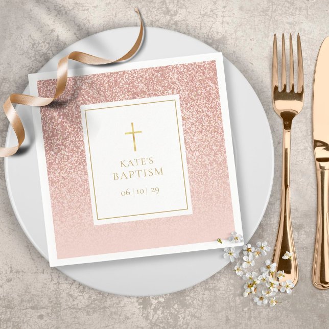 Serviette En Papier Baptême Communion Rose Gold Pailleté (Créateur téléchargé)