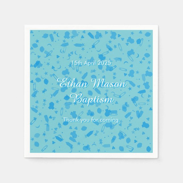Serviette En Papier Baptême Confettis Bleu Bébé (Devant)