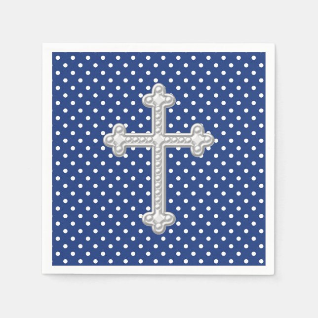 Serviette En Papier Baptême Croix Bleu Marine (Devant)