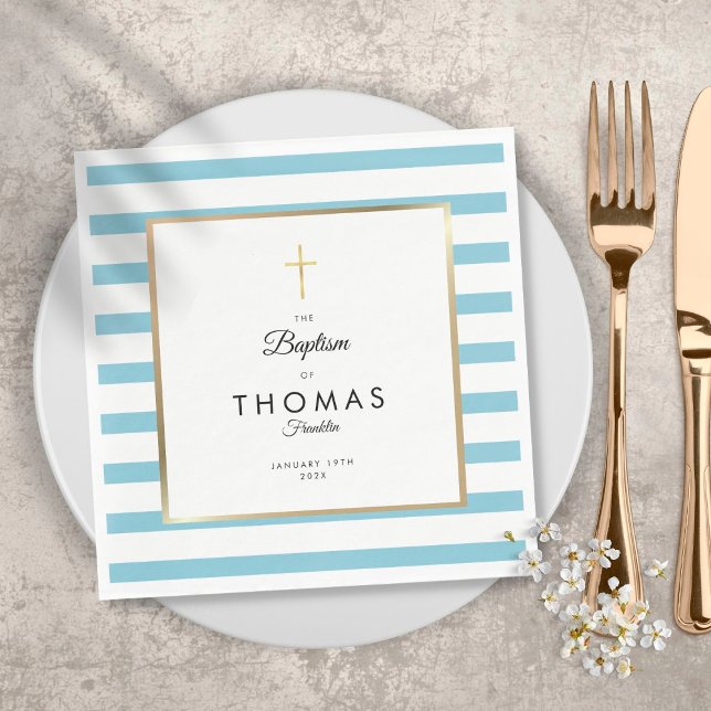 Serviette En Papier Baptême Croix d'Or à Rayures Bleues (Créateur téléchargé)