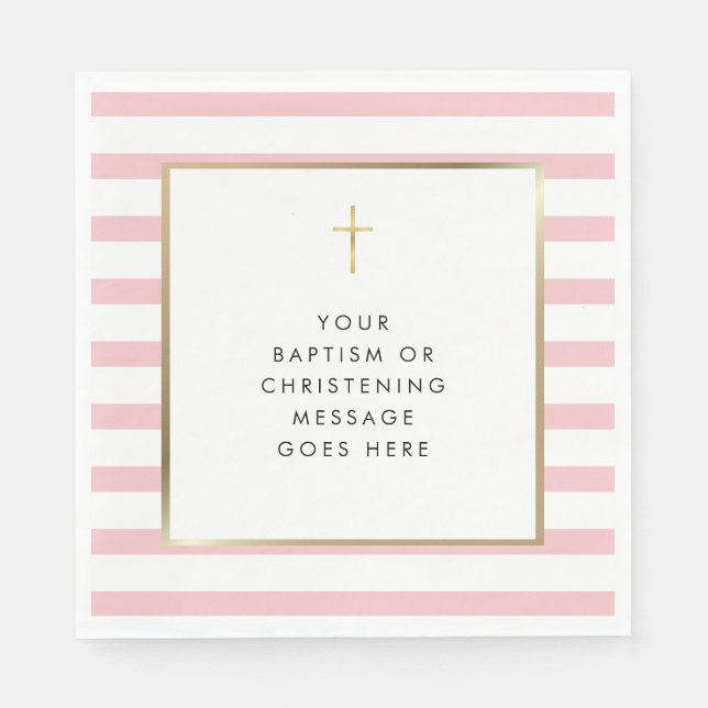 Serviette En Papier Baptême Croix Dorée Rayure Rose Message (Devant)