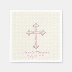 Serviette En Papier Baptême croix ivoire et rose