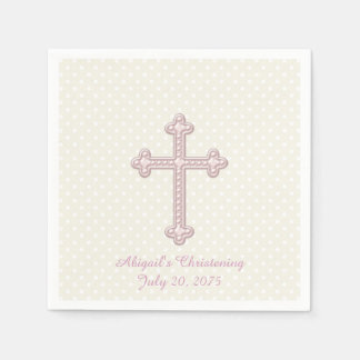 Serviette En Papier Baptême croix ivoire et rose