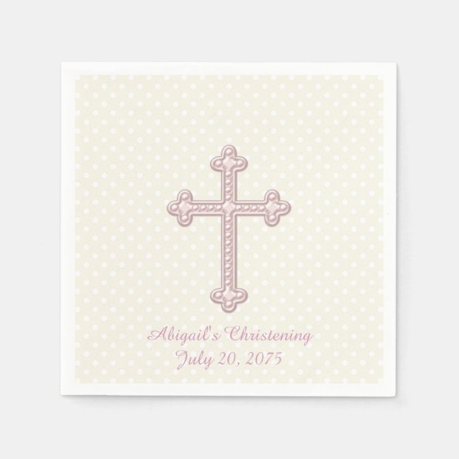 Serviette En Papier Baptême croix ivoire et rose (Devant)