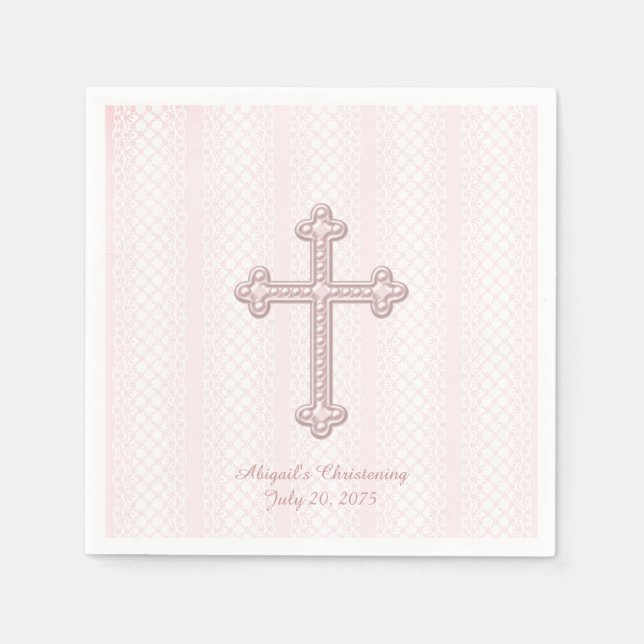Serviette En Papier Baptême Croix Rose (Devant)
