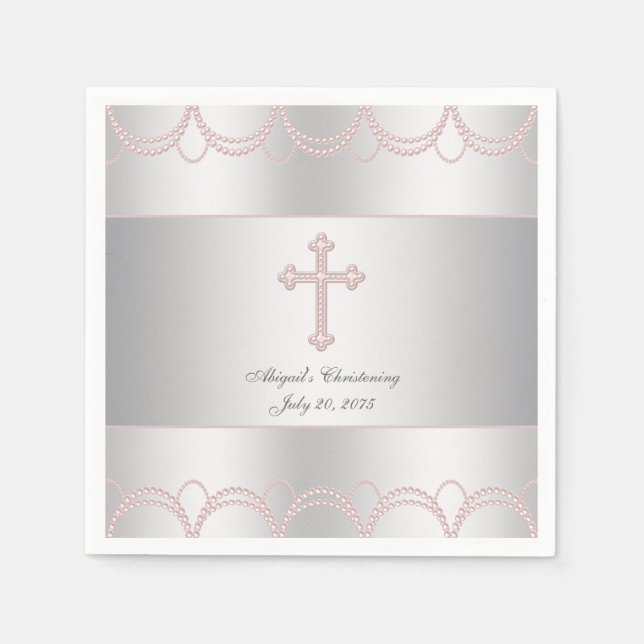 Serviette En Papier Baptême Croix Rose (Devant)