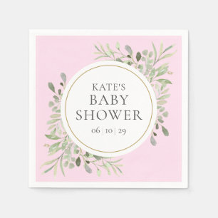Serviette En Papier Baptême de bébé fille à l'aquarelle rose et verdur