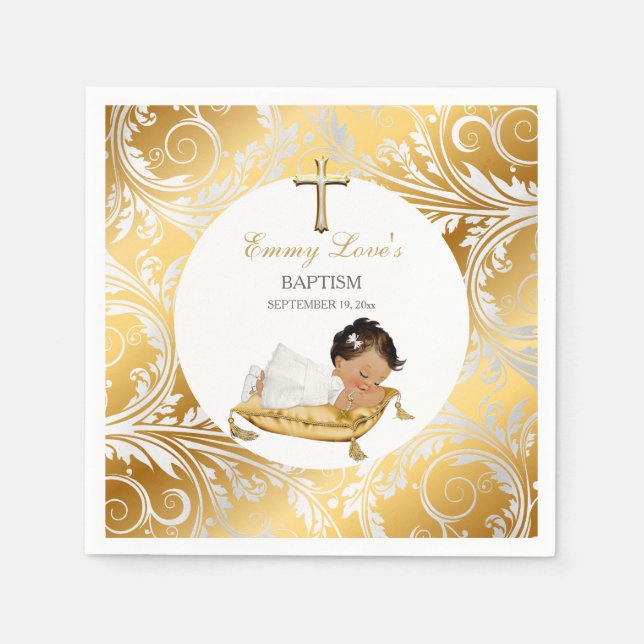 Serviette En Papier Baptême de bébé fille ethnique Or Argent (Devant)
