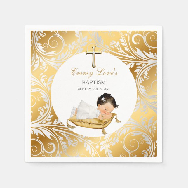 Serviette En Papier Baptême de bébé fille or argent (Devant)