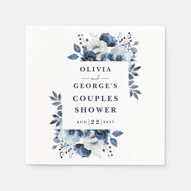 Serviette En Papier Baptême de couple floral pays élégant bleu marine (Devant)