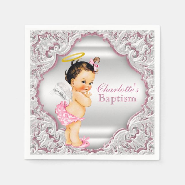 Serviette En Papier Baptême de fille ange rose (Devant)