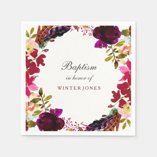 Serviette En Papier Baptême de fleurs pourpres de Bourgogne douce (Devant)