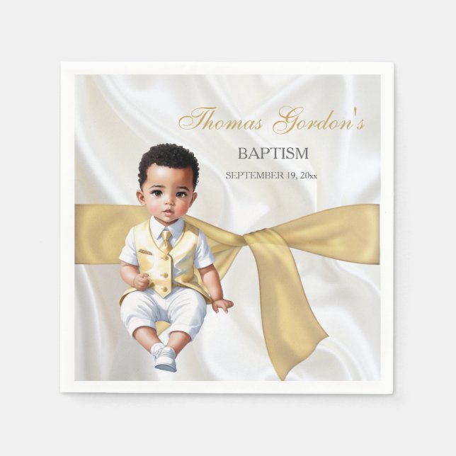 Serviette En Papier Baptême de garçon blanc et or (Devant)