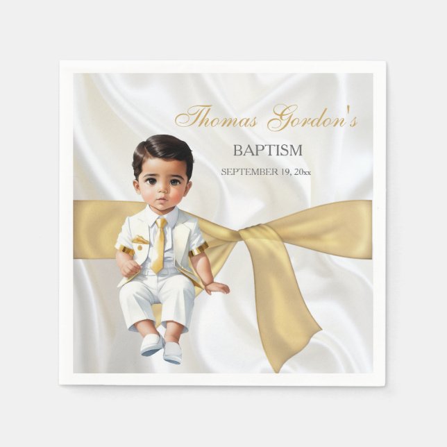 Serviette En Papier Baptême de garçon blanc et or (Devant)