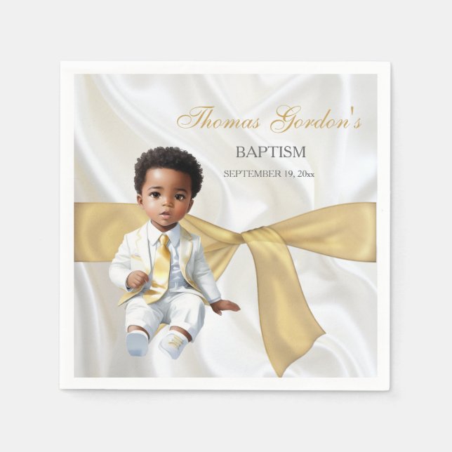 Serviette En Papier Baptême de garçon blanc et or (Devant)