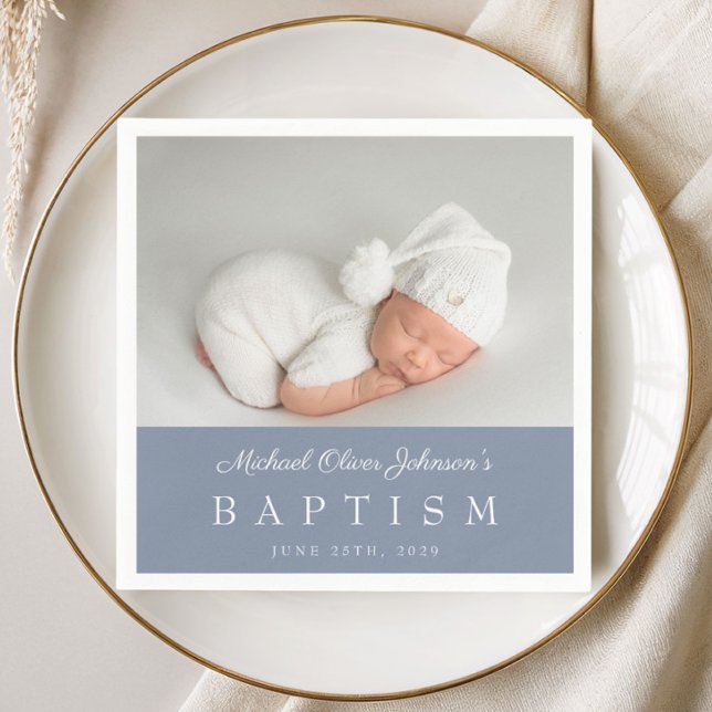 Serviette En Papier Baptême de garçon photo élégant bleu poussiéreux é (Elegant Dusty Blue Script Photo Boy Baptism Napkins)