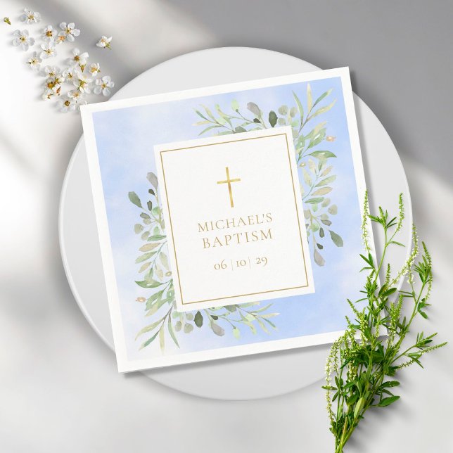 Serviette En Papier Baptême de verdure à l'aquarelle bleue (Créateur téléchargé)