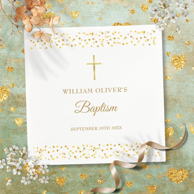 Serviette En Papier Baptême élégant coeurs en or (Elegant Gold Hearts Baptism Christening Napkins)