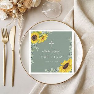 Serviette En Papier Baptême élégant de croix florale verte sauge