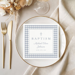 Serviette En Papier Baptême élégant de garçon à carreaux bleu poussiér
