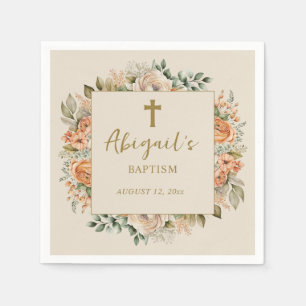 Serviette En Papier Baptême élégant Fille Peach Cream Floral Croix Béb
