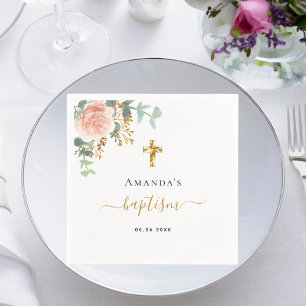Serviette En Papier Baptême eucalyptus rose floral fille or rose