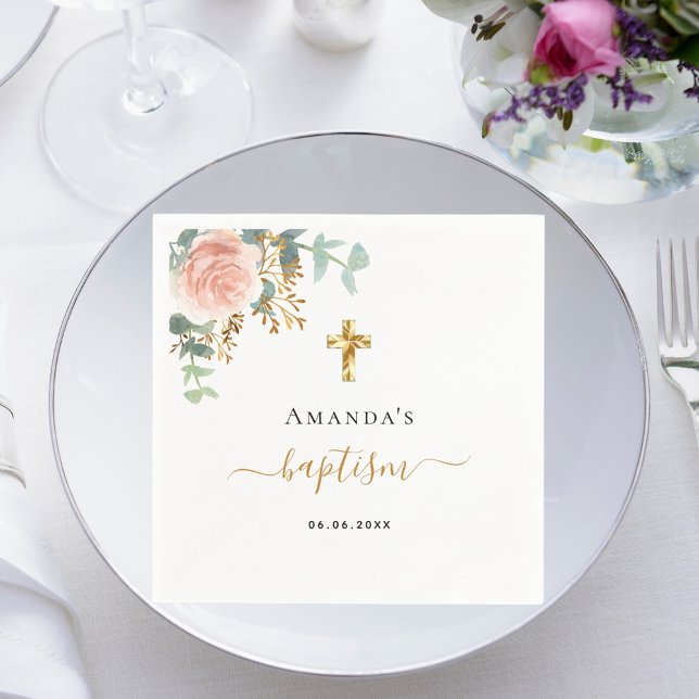 Serviette En Papier Baptême eucalyptus rose floral fille or rose (Créateur téléchargé)