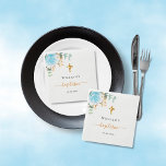 Serviette En Papier Baptême eucalyptus vert bleu garçon fleuri<br><div class="desc">Pour un baptême élégant,  célébrer un bébé garçon. Un arrière - plan blanc chic. Décoré d'un rose bleu clair de couleur aquarelle et de feuilles d'eucalyptus verts,  sprigs,  verdure,  feuilles faux or. Une fausse croix d'or. Personnalisez et ajoutez le nom de l'enfant et une date. Lettres noires et dorées.</div>