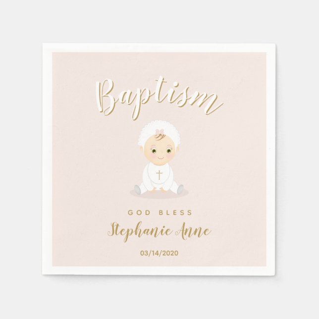 Serviette En Papier Baptême Fille Bébé avec Bonnet (Devant)