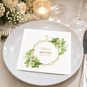 Serviette En Papier Baptême Fille Fleurs Lys Croix Dorée Géométrique