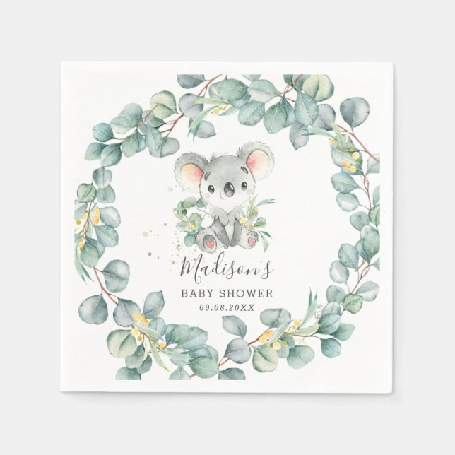 Serviette En Papier Baptême Fille Garçon Koala Bébé Eucalyptus Anniver (Devant)