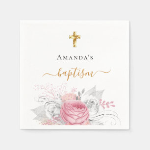 Serviette En Papier Baptême fille rose florales blanc élégant nom