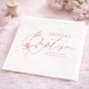 Serviette En Papier Baptême Fille Ruban Doré et Rose Élégant