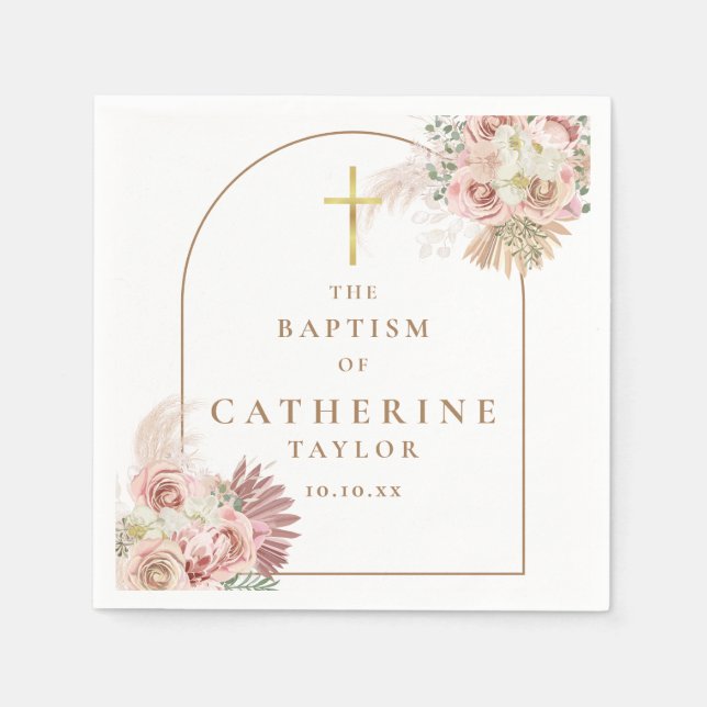 Serviette En Papier Baptême Fleurs d'Herbe de Pampas (Devant)