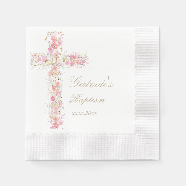 Serviette En Papier Baptême fleurs roses croisent bébé fille (Devant)