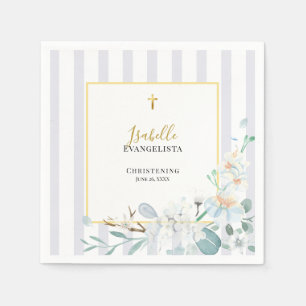 Serviette En Papier Baptême Floral Bleu Or Élégant