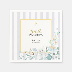 Serviette En Papier Baptême Floral Bleu Or Élégant