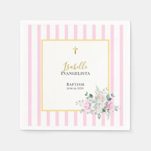 Serviette En Papier Baptême Floral Élégant Rose Or