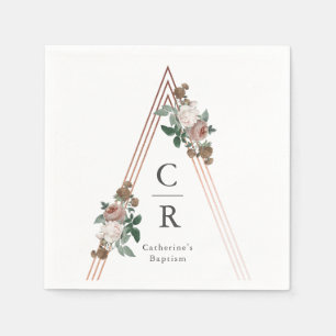 Serviette En Papier Baptême floral géométrique bohème à monogramme or