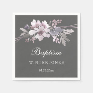 Serviette En Papier Baptême Floral Gris Hiver Violet Élégant
