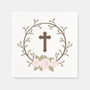 Serviette En Papier Baptême floral rose de baptême de croix de