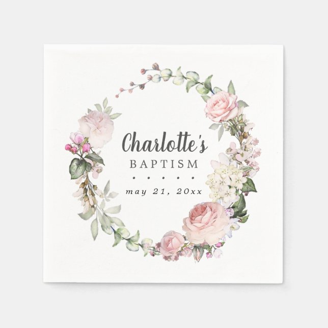 Serviette En Papier Baptême floral rose et blanc rustique (Devant)