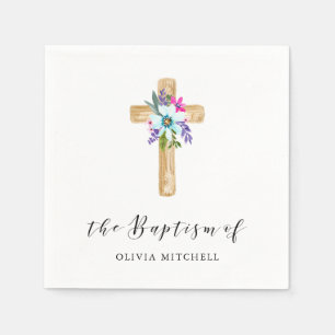 Serviette En Papier Baptême floral rustique de croix et de fleurs