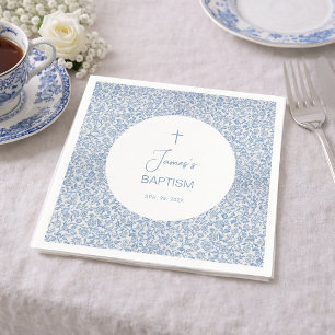 Serviette En Papier Baptême Garçon Bleu Blanc Motif Floral Baptême 