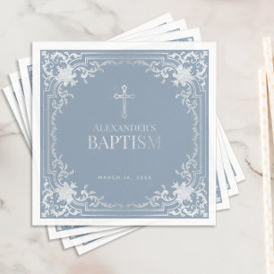 Serviette En Papier Baptême garçon Dusty Bleu élégant Faux Croix d'arg