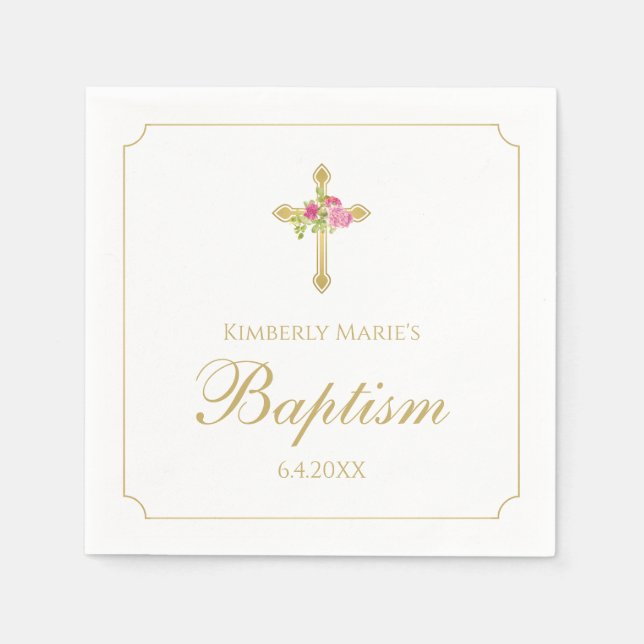 Serviette En Papier Baptême Gold Cross Rose Roses Rose Floral Monogram (Devant)