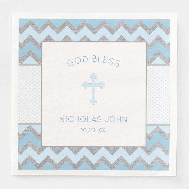 Serviette En Papier Baptême gris bleu rustique Christening Napkin (Devant)